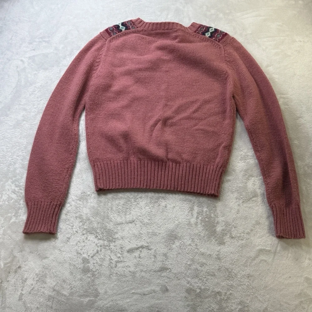 Vintage Juniorite Fair Isle V Neck Sweater Womens L Pink Acrylic Knit 80s 90s
